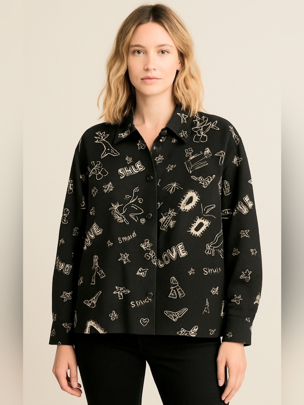 Black & White Silk/Linen Blend Button-up Shacket Artsy Teacher